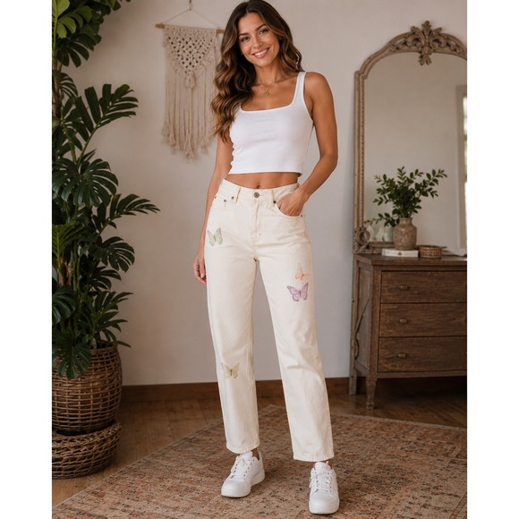 Levi's Denim - Levis 501 Jeans Womens W30 L28 Off White Cream Butterfly Print Button Fly